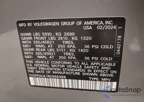 2024 Volkswagen Atlas 2.0T Sel Premium R-Line z USA, uszkodzony, nr VIN 1V2FR2CA1RC555369